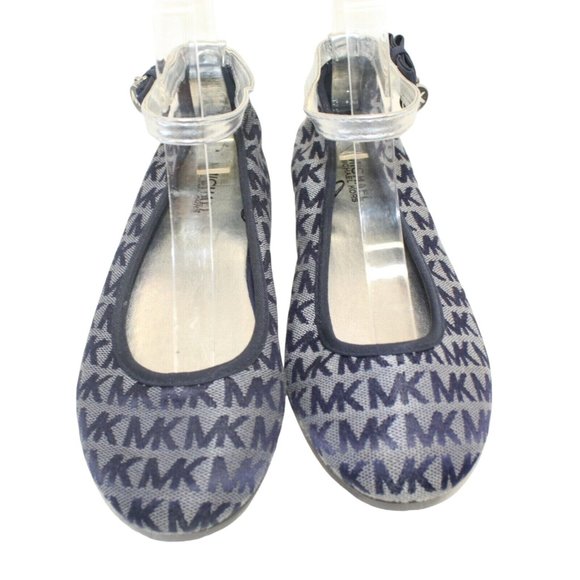 Michael Kors Fairleys Girls Sz 3 Silver Blue Logo Ankle Strap Ballet Flats Shoes - Picture 3 of 12
